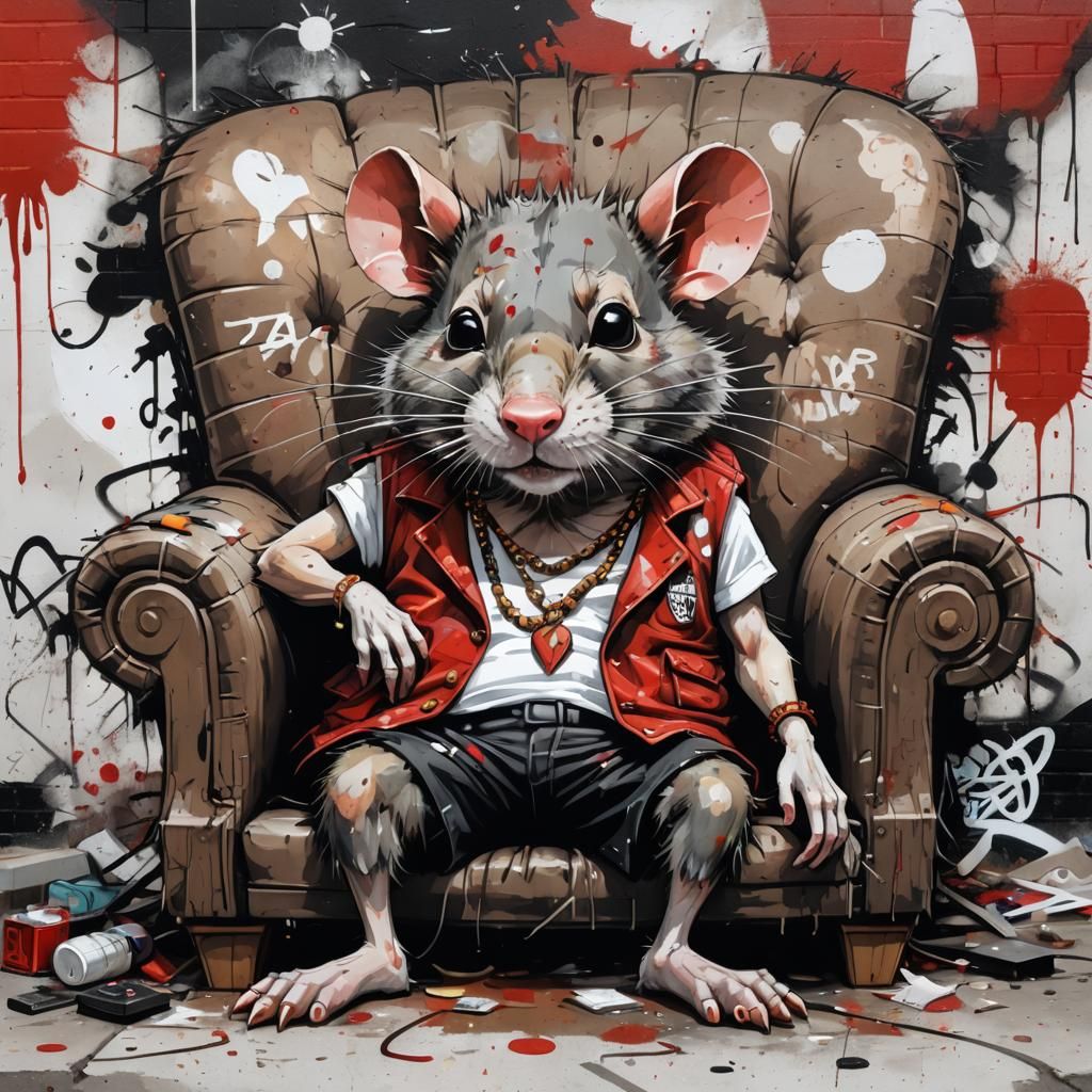 Anthropomorphic Rat Lounging in Armchair, Graffiti Art