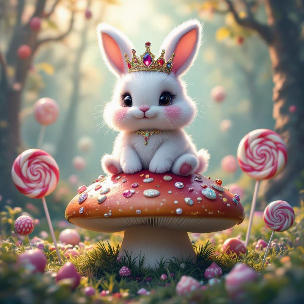 Bunny King on Mushroom Throne in Candy Forest