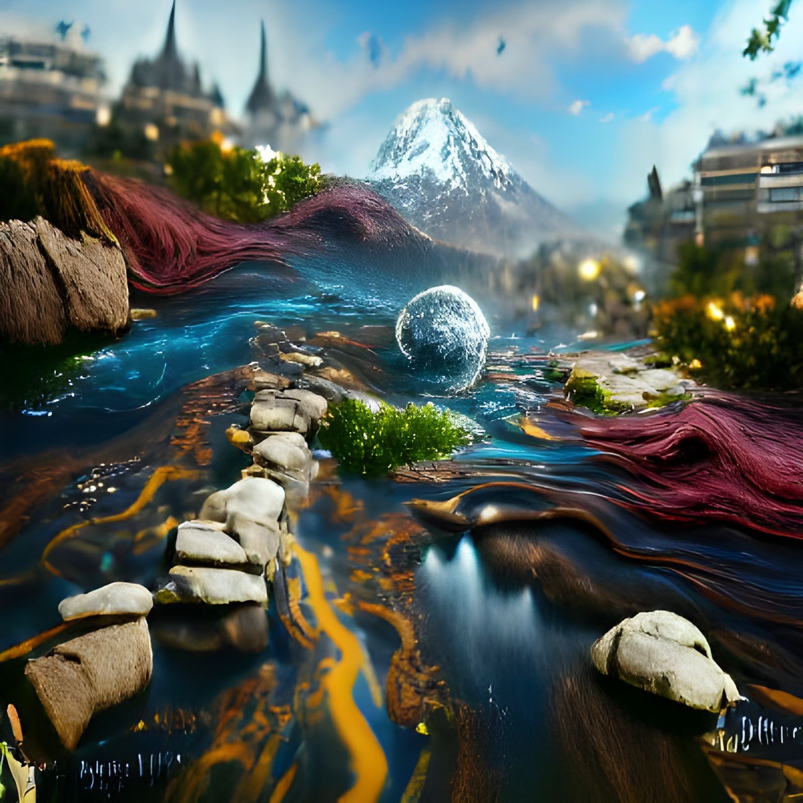 Mountain River Multiverse in Detailed Matte Painting