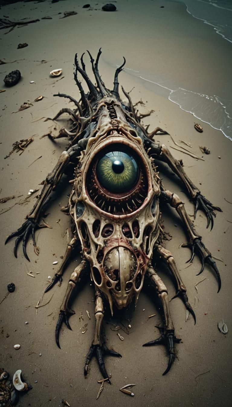 Hyperrealistic Lovecraftian Carcass on a Beach