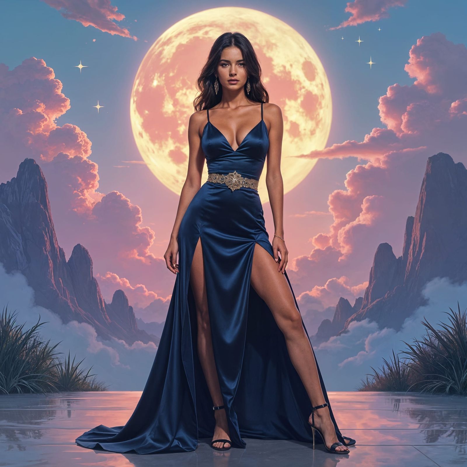 Surreal Woman in Elegant Attire, Dreamy Symbolic Style