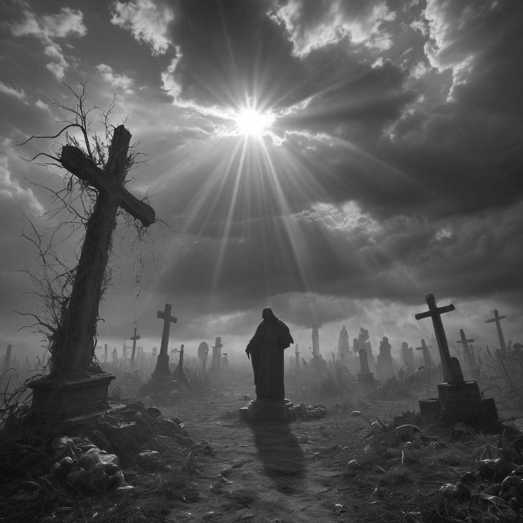 Dark Fantasy Zombie Scene in Black and White