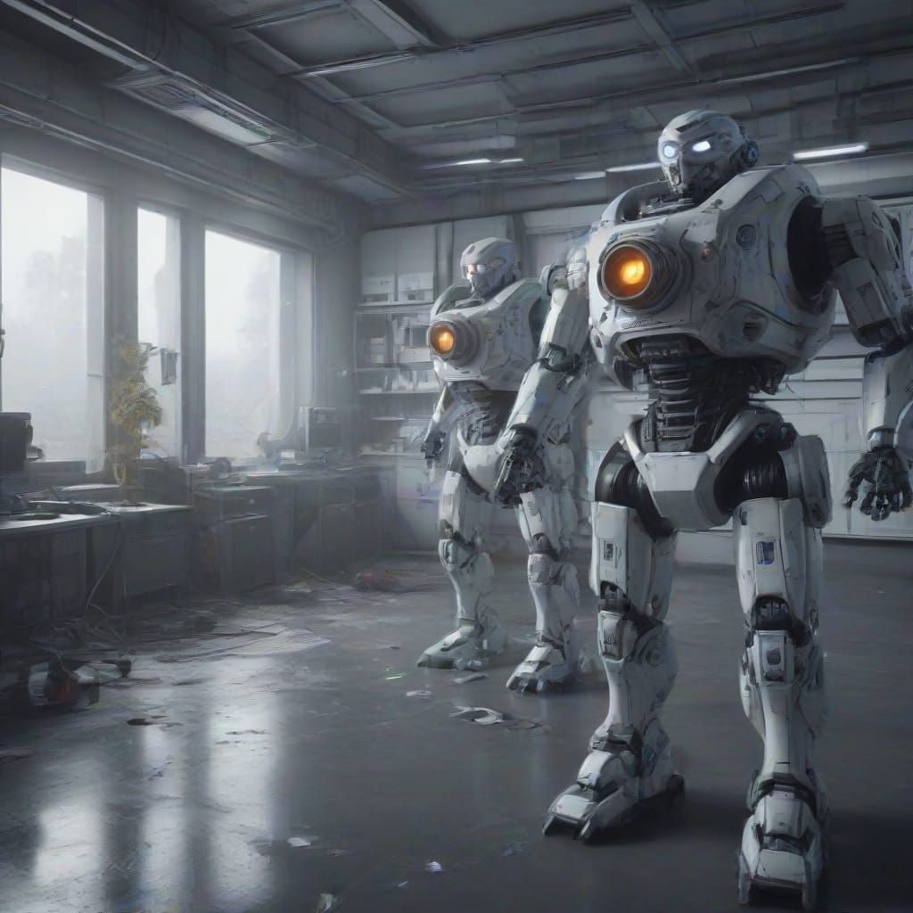 Dystopian Robots in Futuristic Laboratory Scene