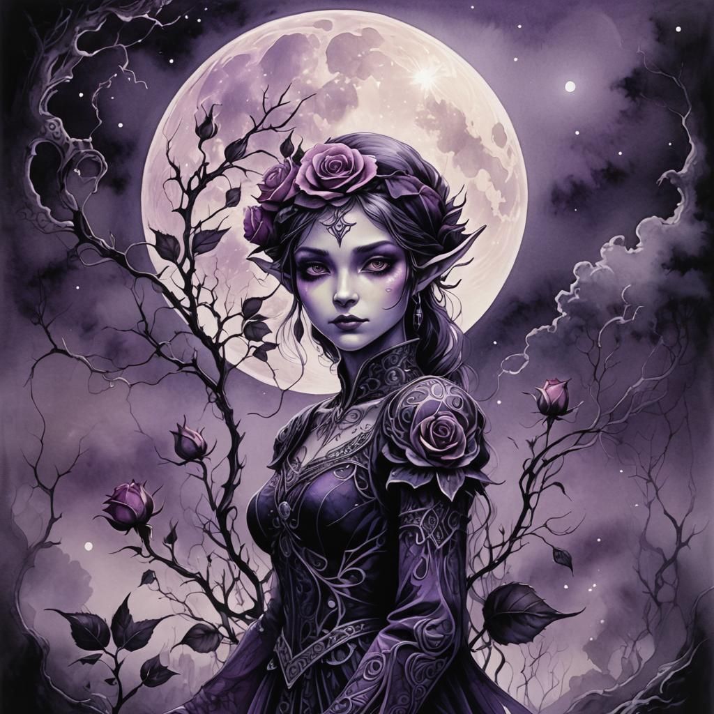 Glowing Purple Rose Elf in Dark Fantasy Ink Wash