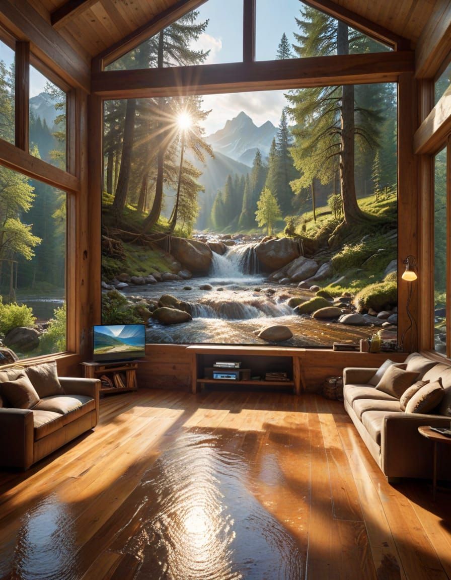 Surreal Living Room With Flowing Mountain Stream