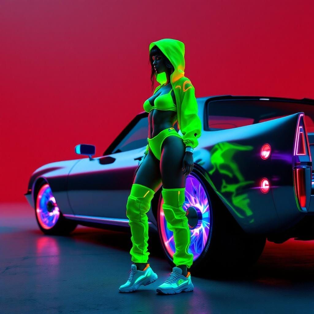 Cyberpunk Latina in Neon Bikini with Chrome Cadillac