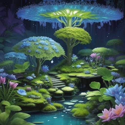 Magical Garden Scene with Bioluminescent Flora