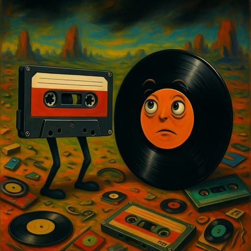 Surreal Music Objects with Faces in Vibrant Landscape