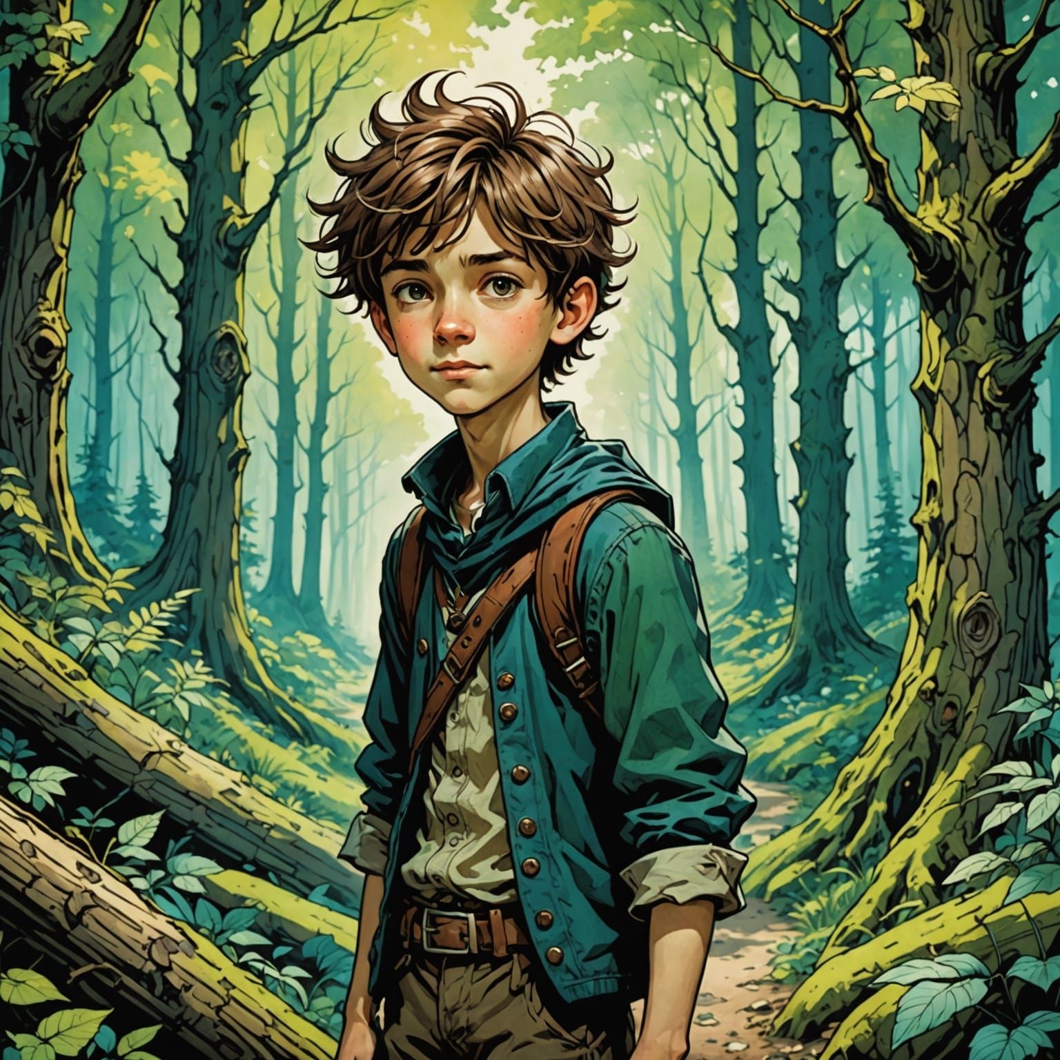 Cheerful Boy Exploring Forest in Arthur Rackham Anime Style