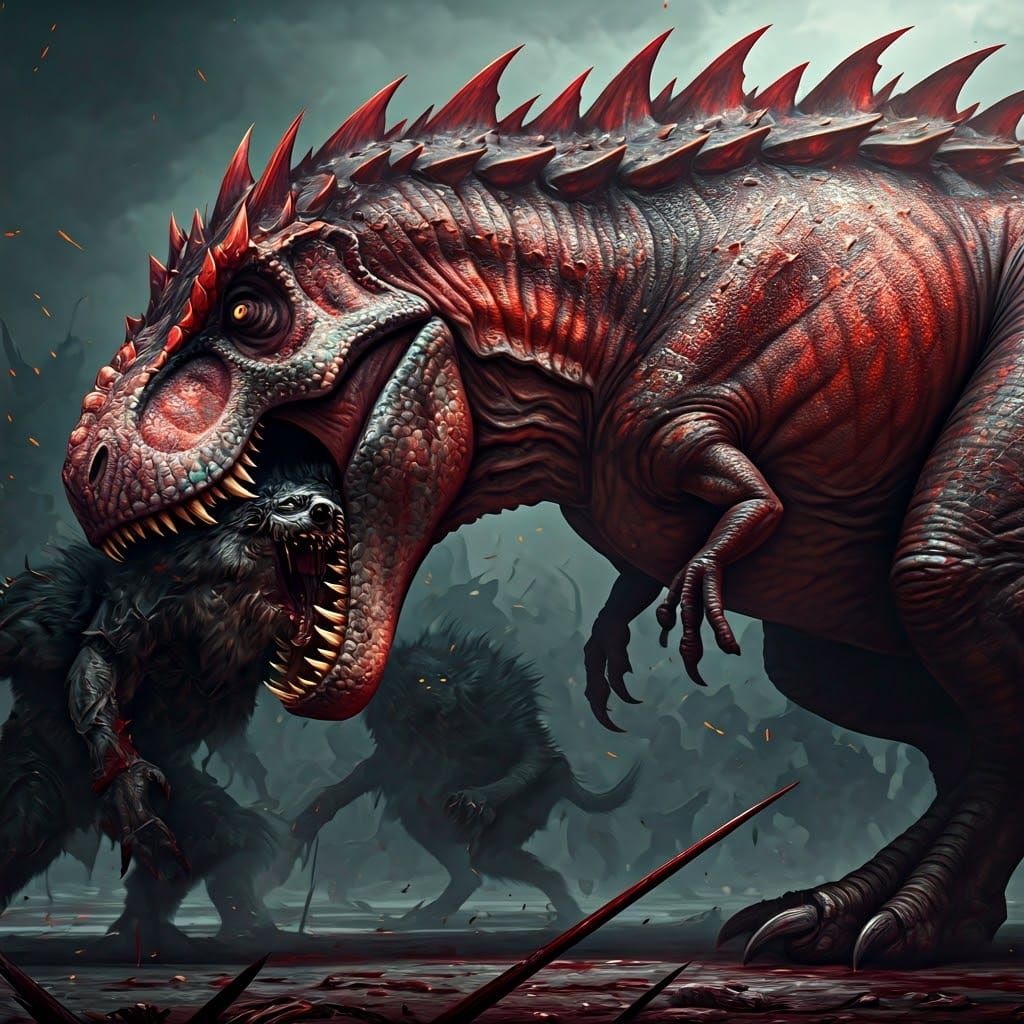 Opal-Skinned T-Rex Battles Werewolves: Fantasy Art