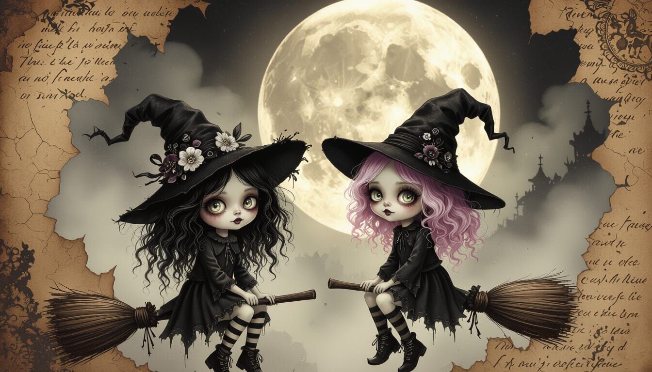 Gothic Witches on Broomsticks Under a Foggy Moon