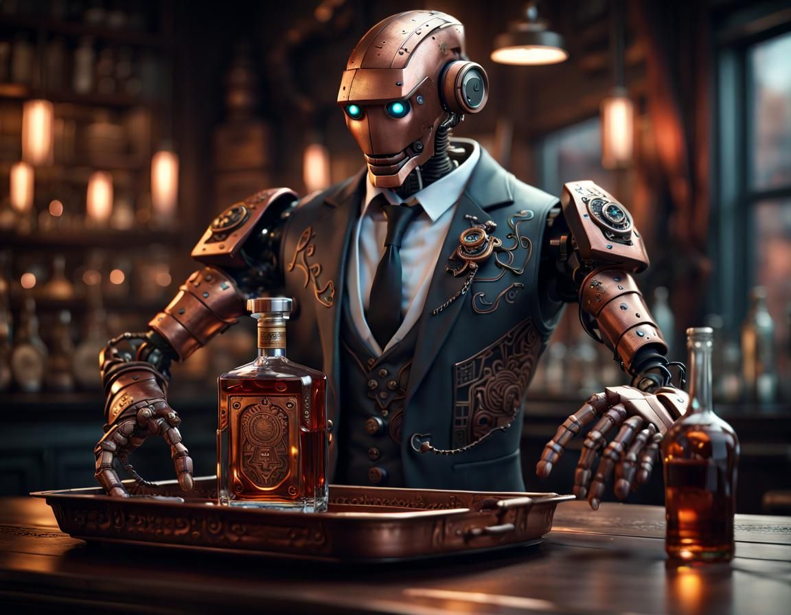 Robot Butler Serving Drinks: Detailed Matte Painting