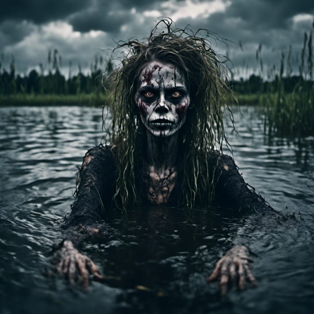 Hyperreal Person Emerges from Dark Pond