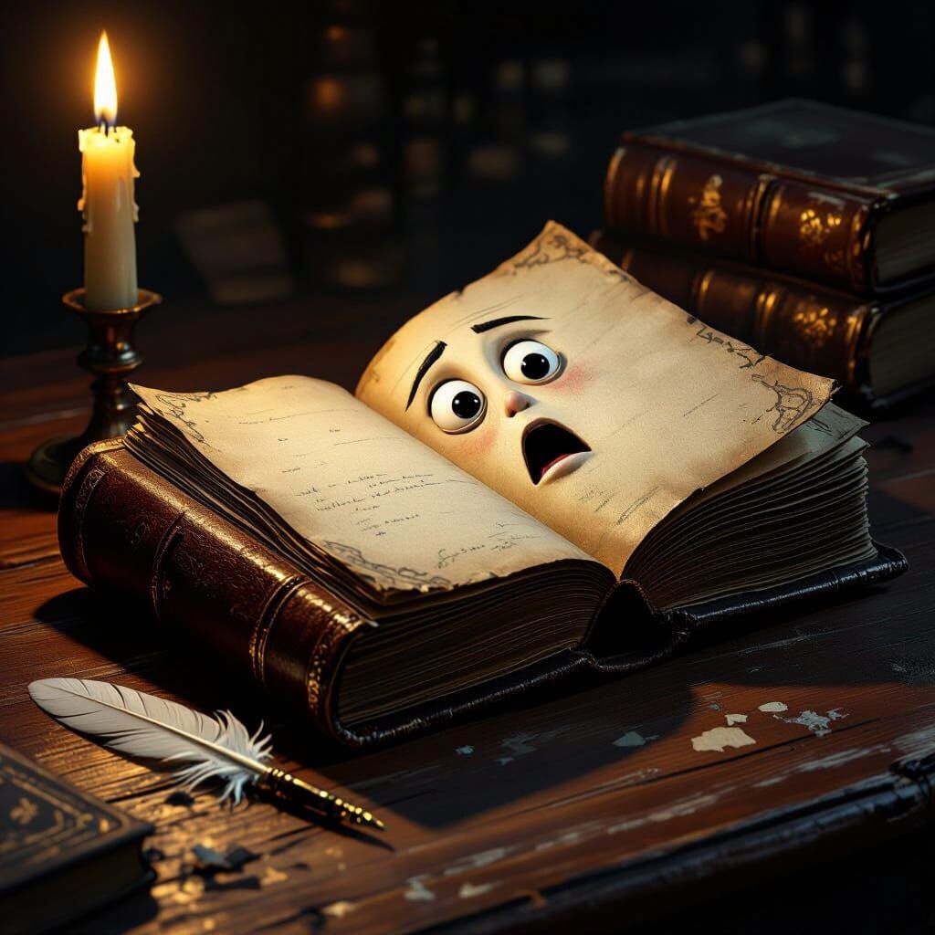 Surprised Book and Quill on Desk: Fantasy Illustration