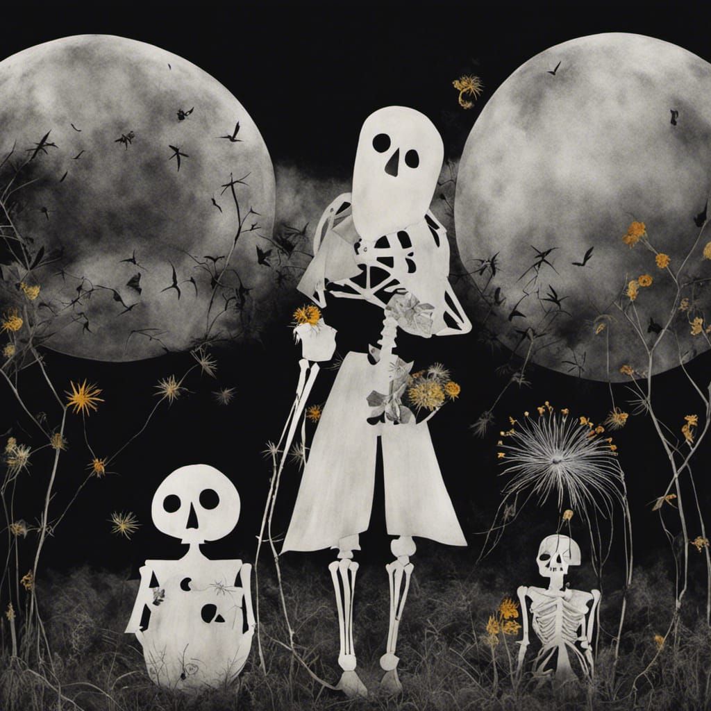Witch and Spooky Jack O Lantern headed skeleton men, sppoky Halloween family in a Million Leaf and Dandelion dreamsc...