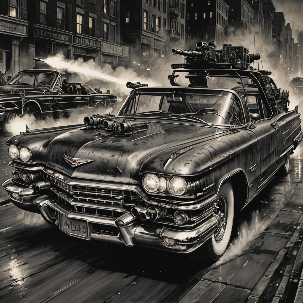Gritty Noir-Inspired 1959 Cadillac in a War-Torn Cityscape
