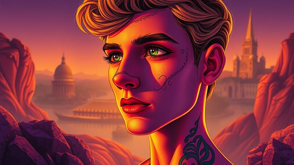 Retro Cyber Art Portrait in Vibrant Golden Brown and Purple