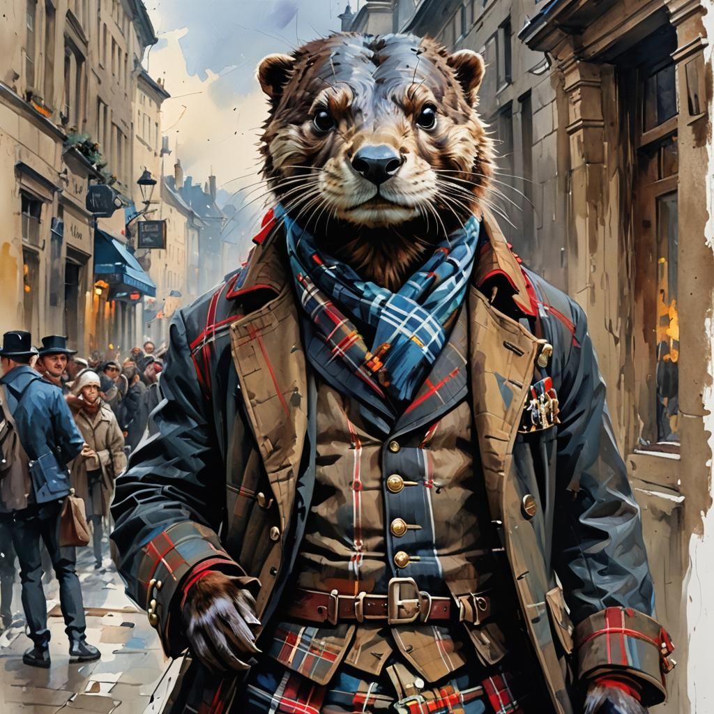 Anthropomorphic Otter in Scotland, Painting Illustration