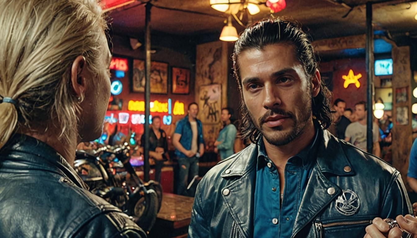 Biker Bar Scene with Werewolves in Gritty Film Style