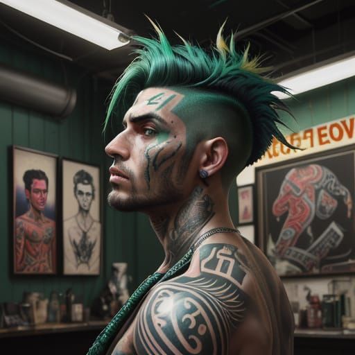 Mysterious Man with Emerald Mohawk in Tattoo Shop
