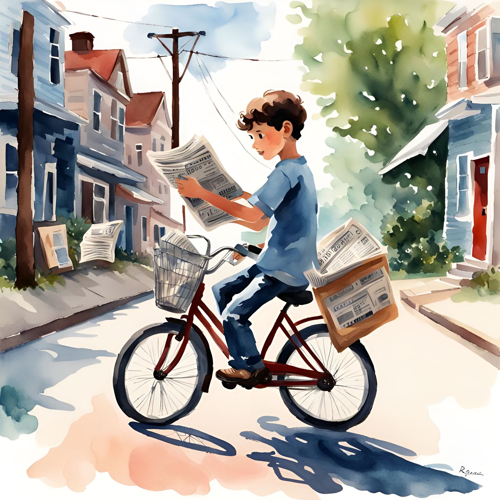 Newspaper Boy on Bike in Watercolor Style