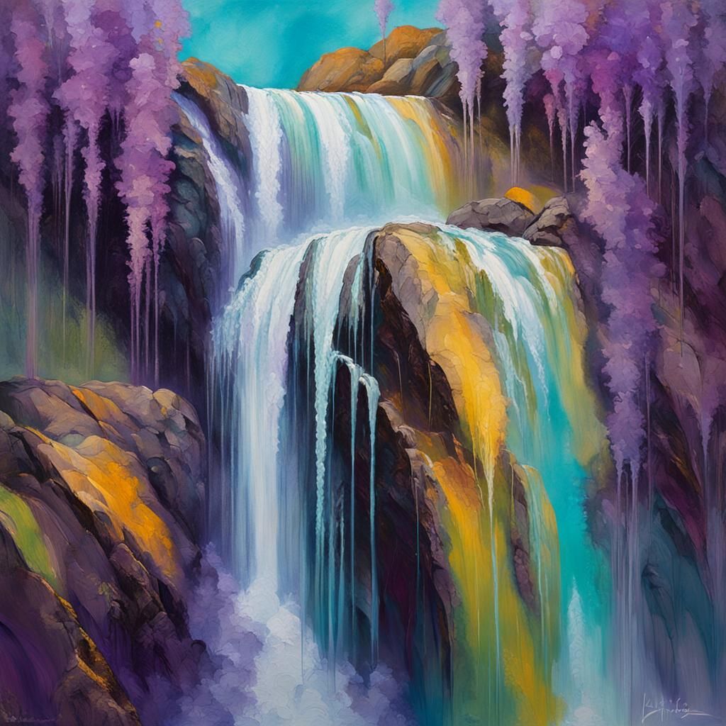 Abstract Waterfall in Purple and Green: Impasto Painting