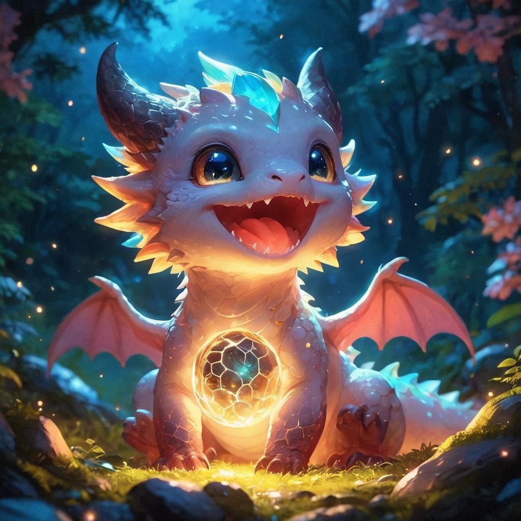 Luminescent Glass Stomach Dragon in Forest, Anime Style