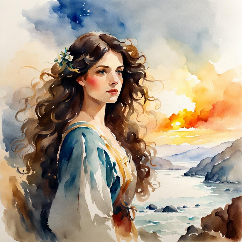 Brunette with Wavy Hair in Watercolor Style