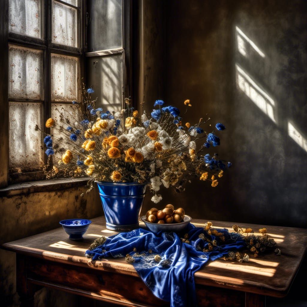 Golden and Delft Blue Flowers by Window, Hyperrealist