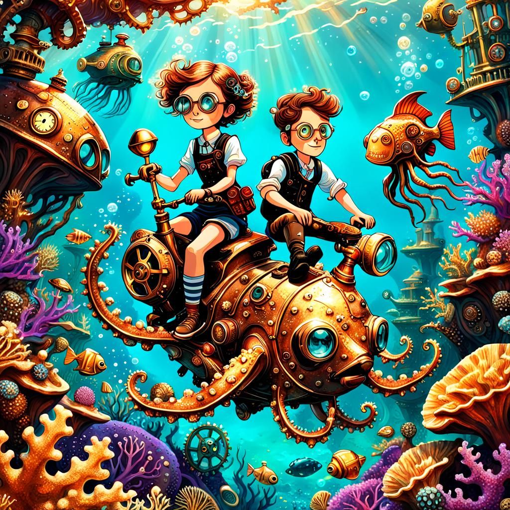 Steampunk Coral Reef Adventure with Clockwork Octopus