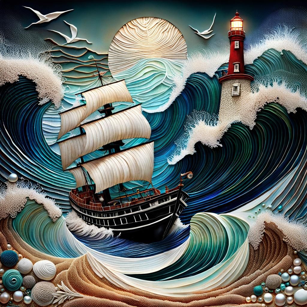 Dramatic Boat Trapped in Storm, Mixed Media Style