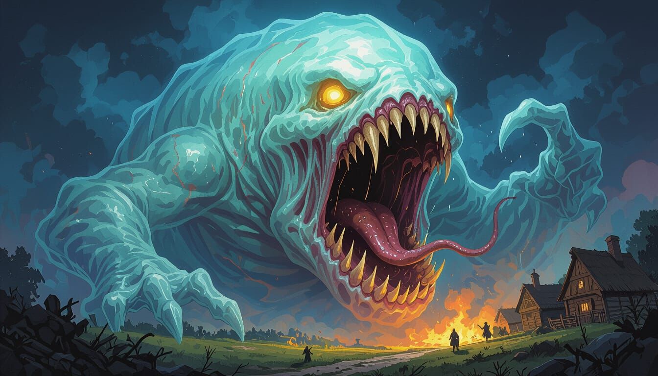 Ghostly Maw Devouring Village in Dynamic Fantasy Art Style