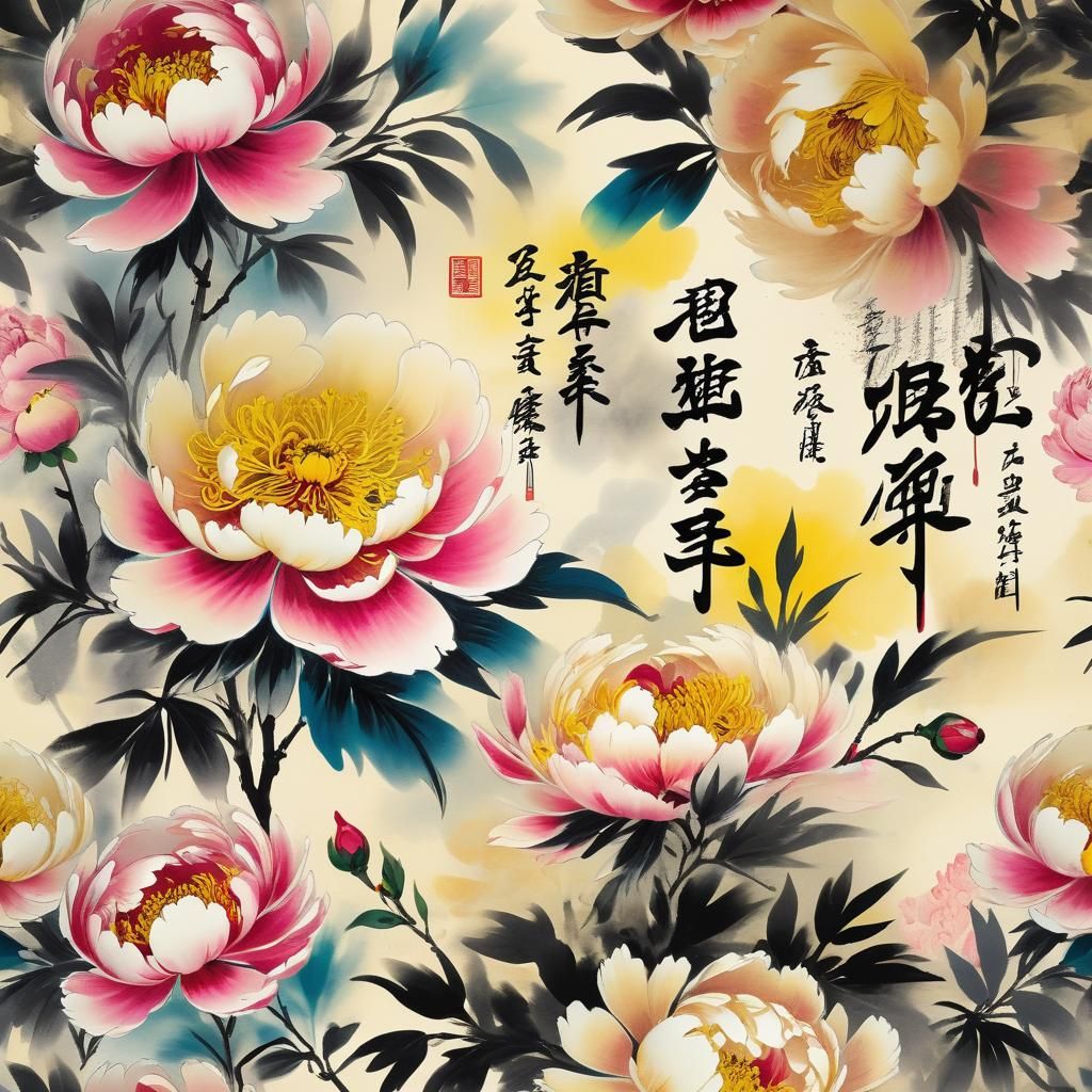 Opulent Chinese Calligraphy with Peony Flowers