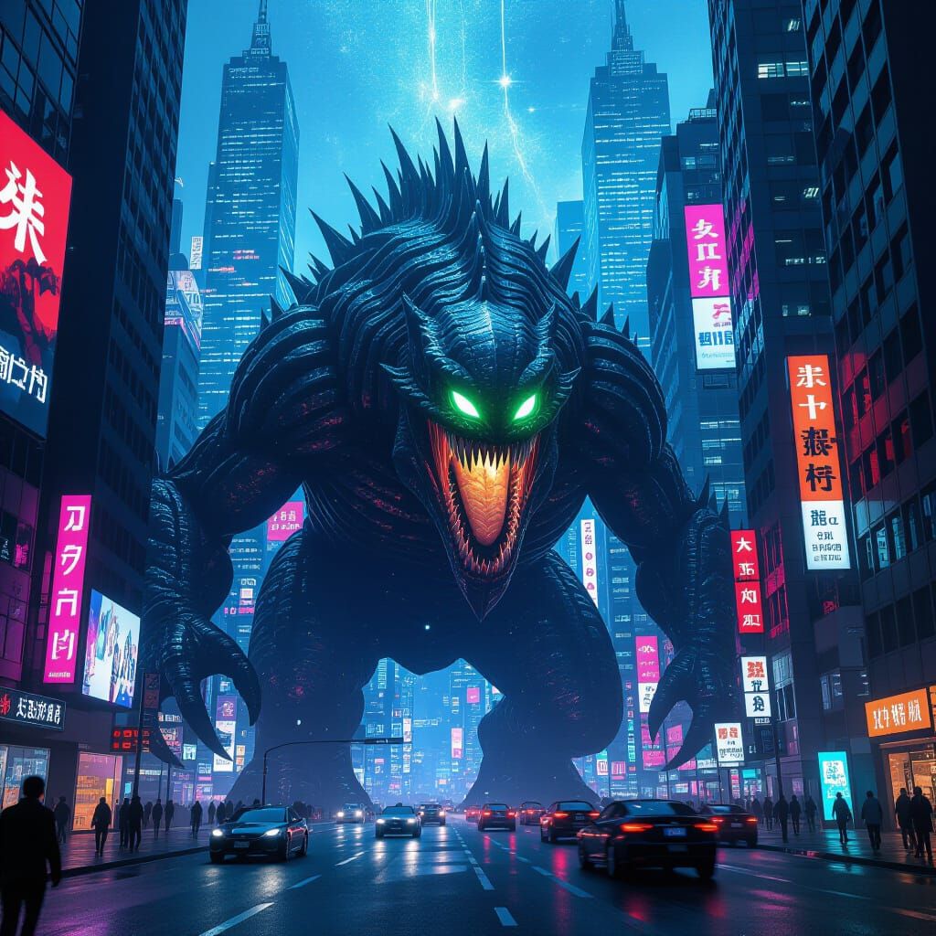 Colossal Scaled Lurker in Cyberpunk Cityscape