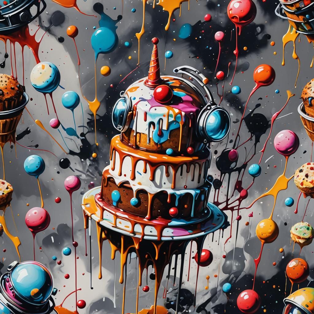 Surreal Graffiti Art of Cake in Space Helmet