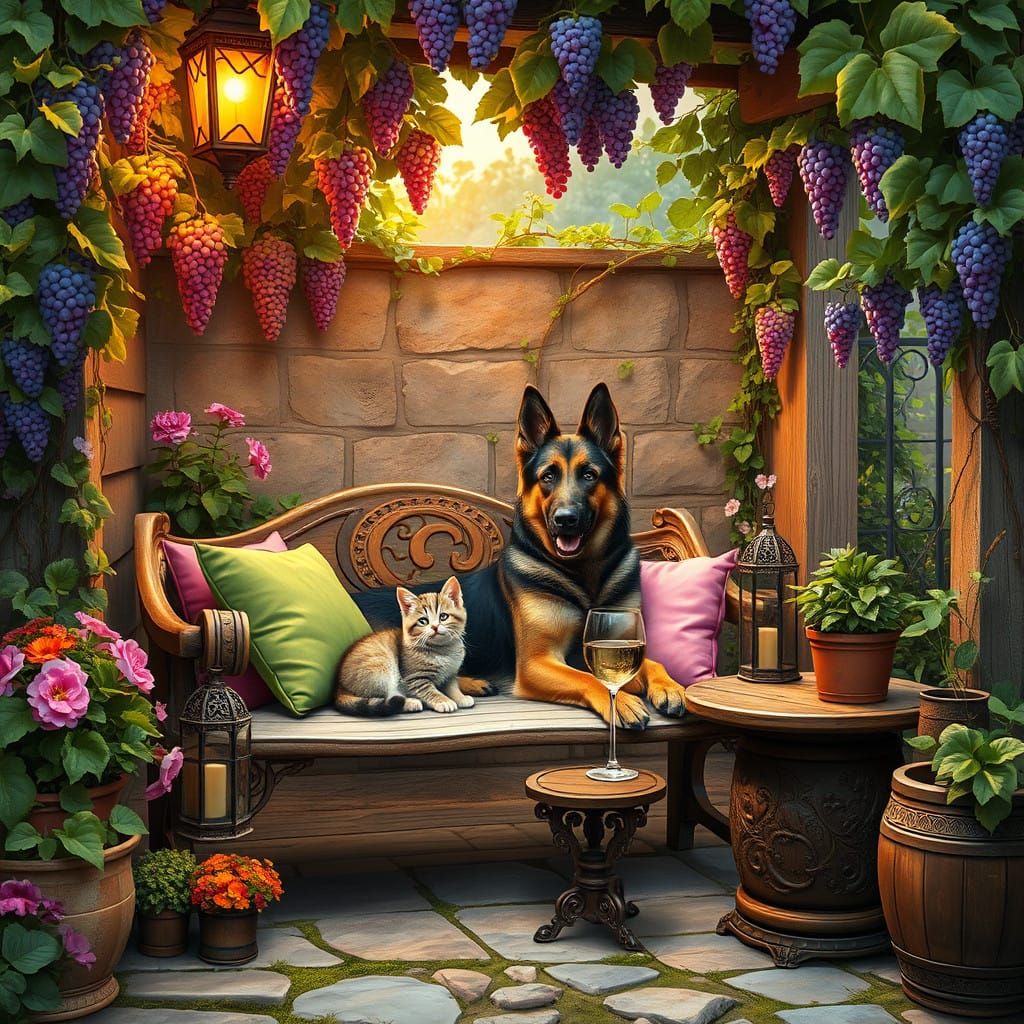 Serene Garden Scene with Loyal Friends