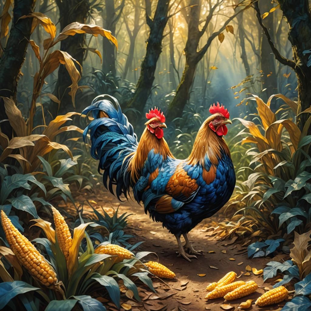 Hen and Roasted Maize in Vibrant Forest