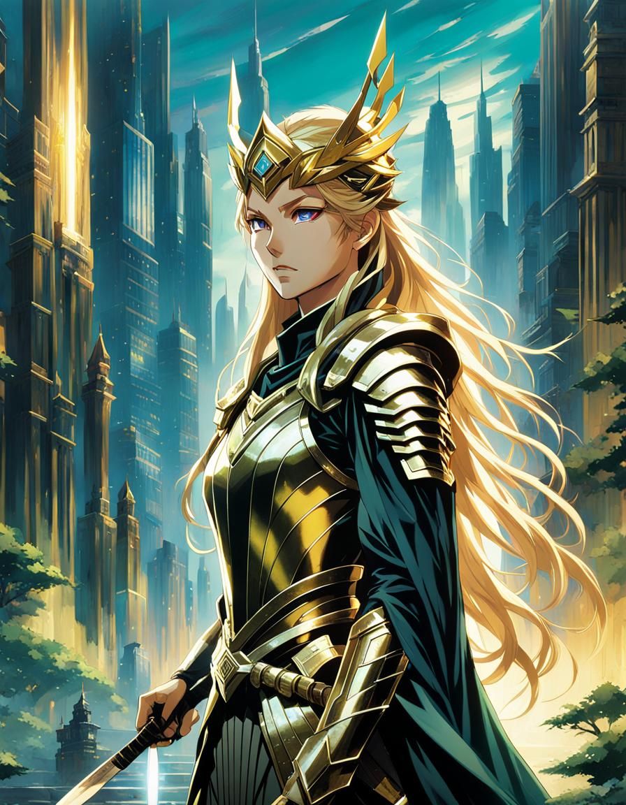 Heroic Warrior in Dystopian Cityscape, in Vibrant Cel-Shaded...