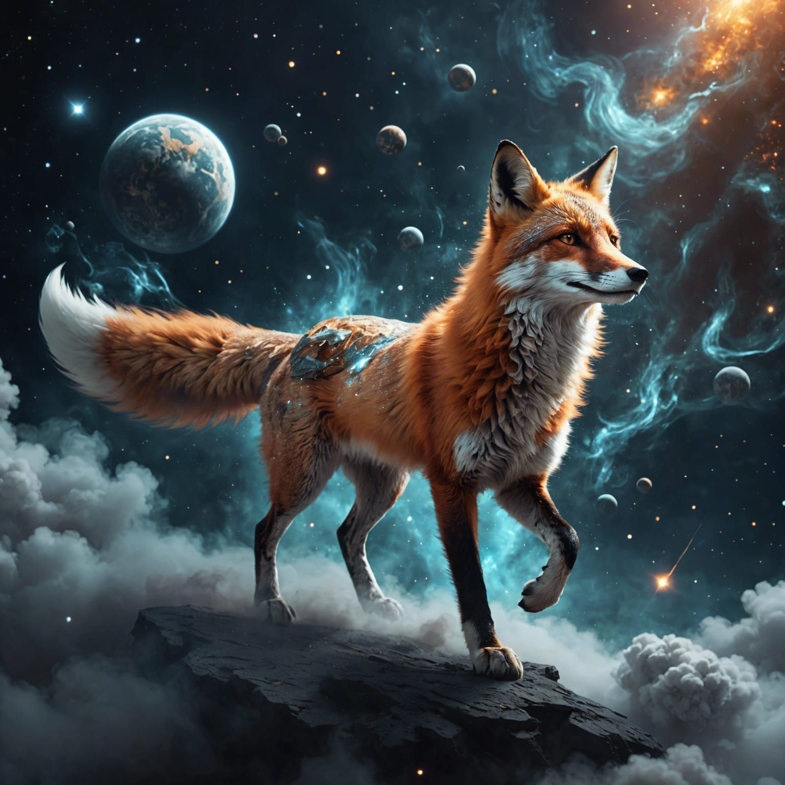 Smokey Fox Floating Through Cosmic Fantasy