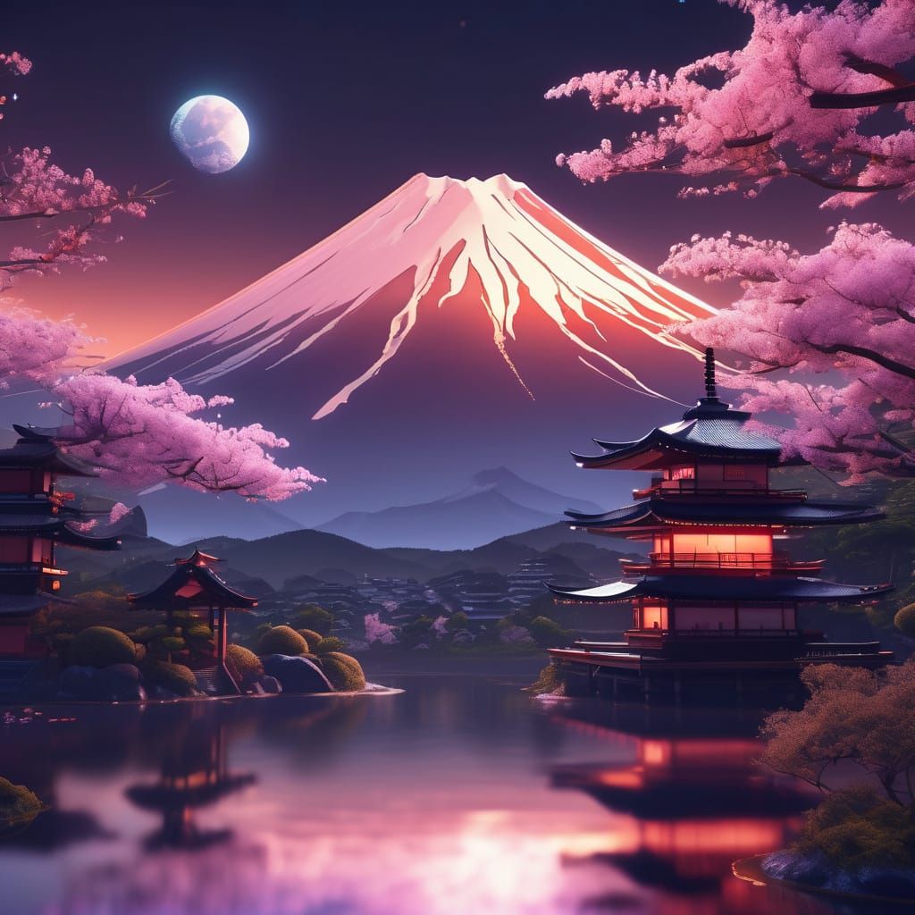 Tranquil Japanese Countryside at Night in Dreamy Fantasy Sty...