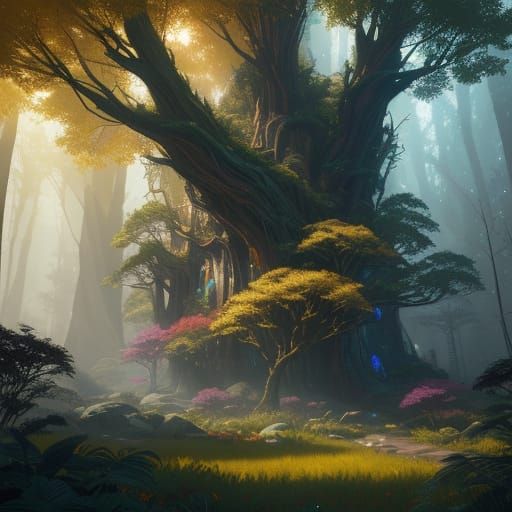 Vibrant Fantasy Tree in Whimsical Forest Landscape, Candy Ar...