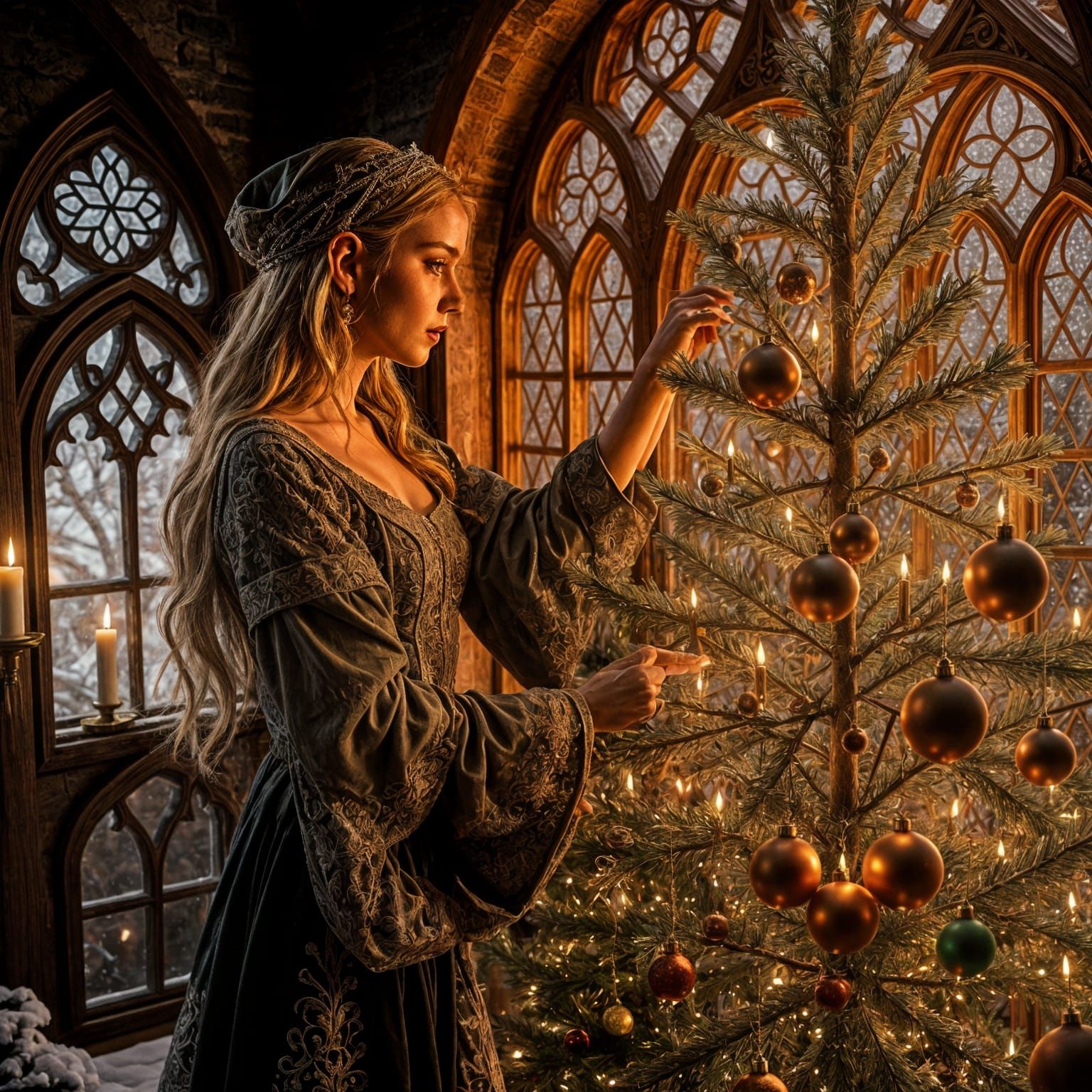Elf Woman Decorates Xmas Tree in Medieval House