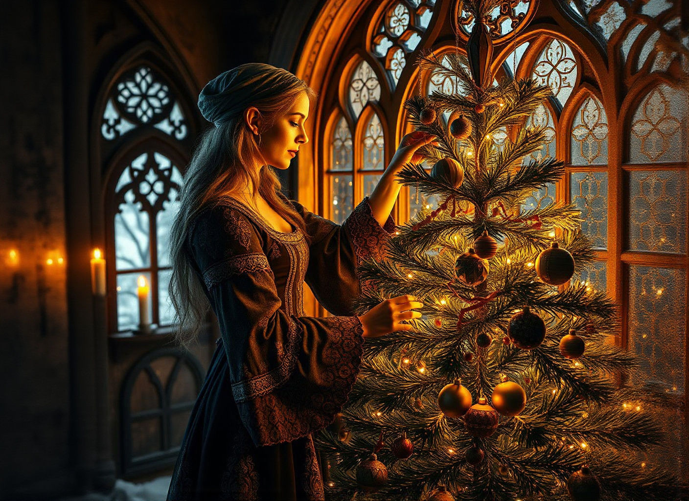 Elf Decorates Xmas Tree in Warm Candlelit Medieval Home