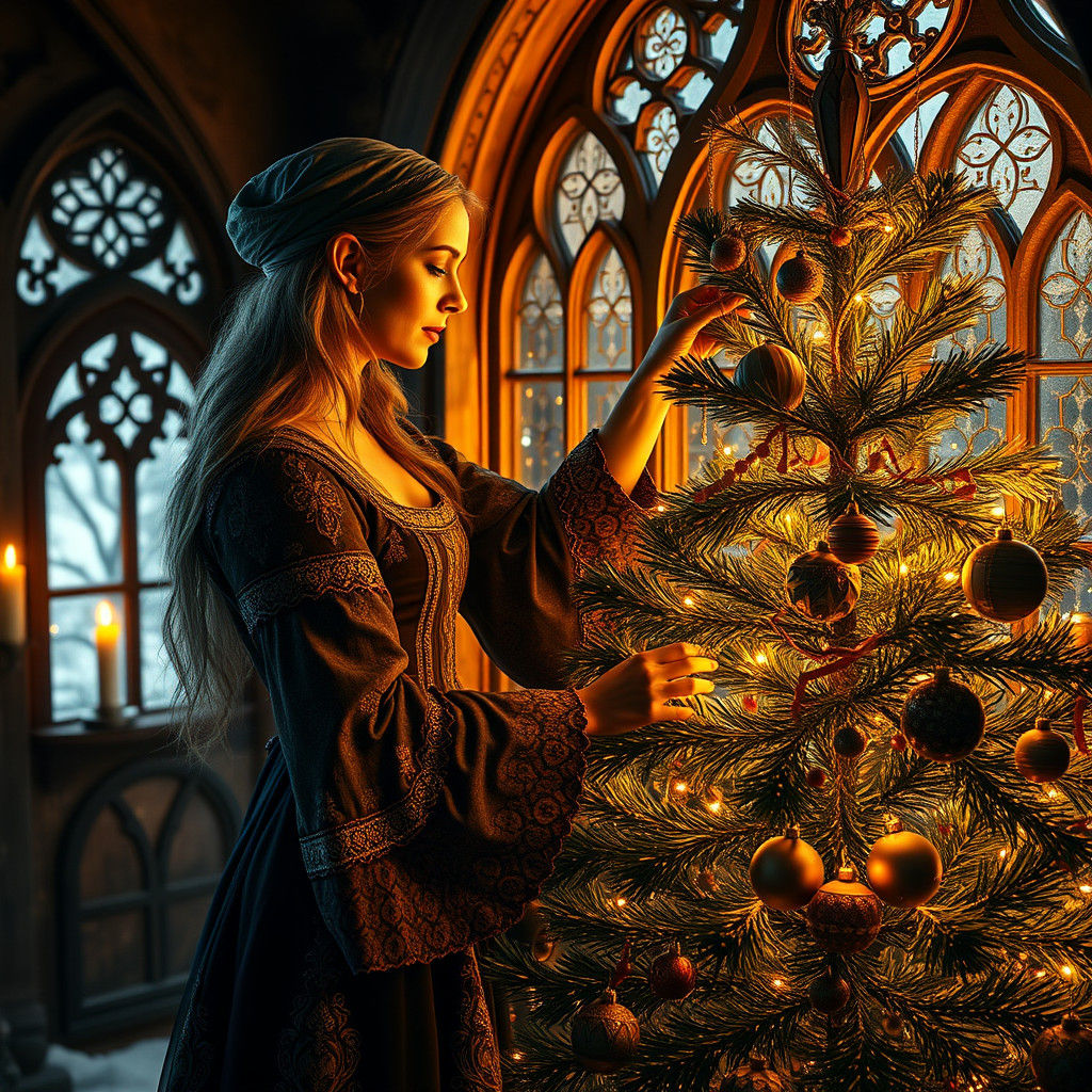 Festive Elf Decorates Christmas Tree in Medieval Home