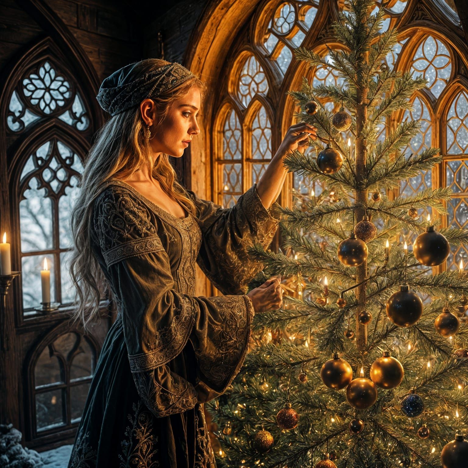 A Golden Holiday Scene Unfolds Through a Medieval Window