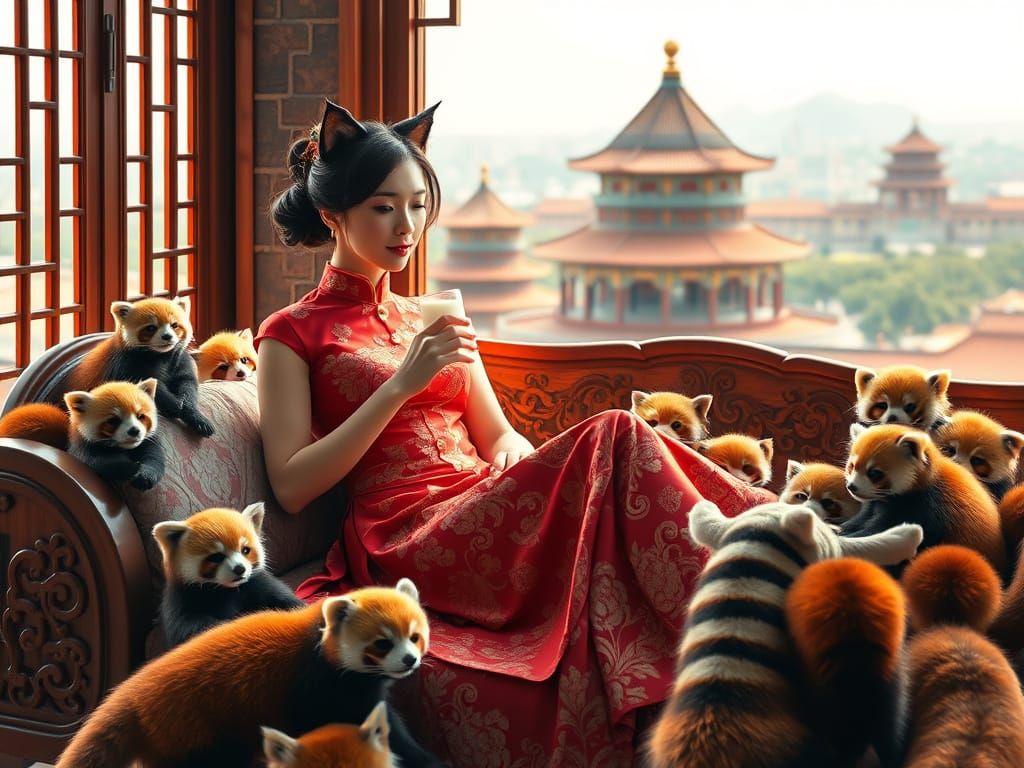 Chinese Cat-Woman Lounges in Beijing with Red Pandas