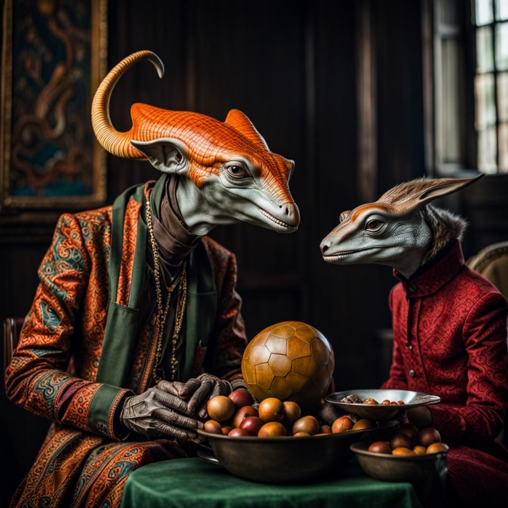 Surreal Restaurant Scene with Exotic Aliens, Hyperreal