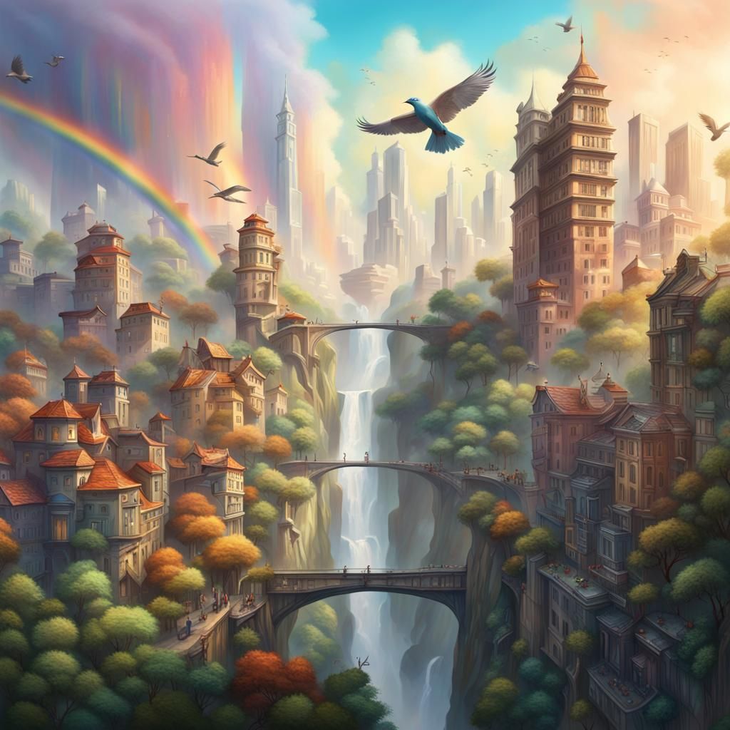 Paradise Cityscape with Rainbows and Waterfalls