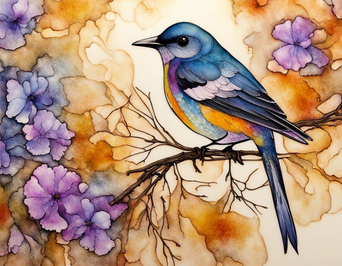 Small Bird on Branch in Chaotic Alcohol Inks