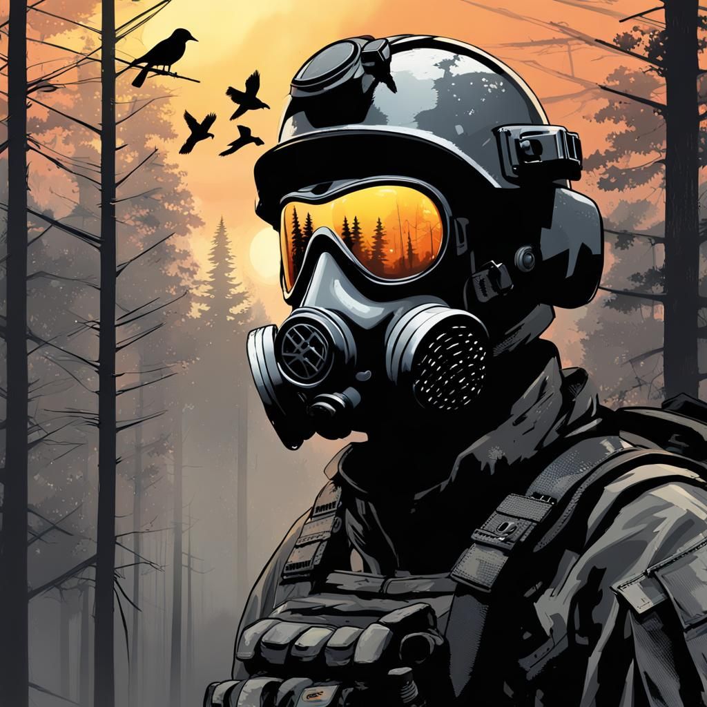 High-Tech Soldier in Sunset Forest Reflection